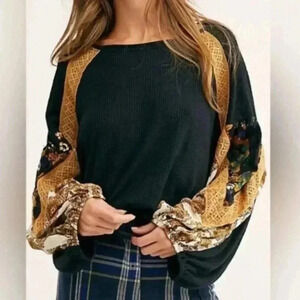 Free People Black Top with Mustard Patchwork Balloon Sleeves